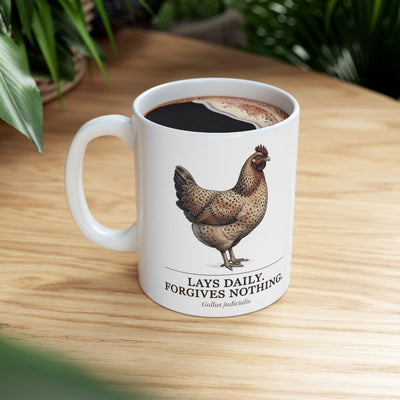 Chicken Coffee Mug — "Lays Daily. Forgives Nothing." Vintage Field Plate Hen Mug