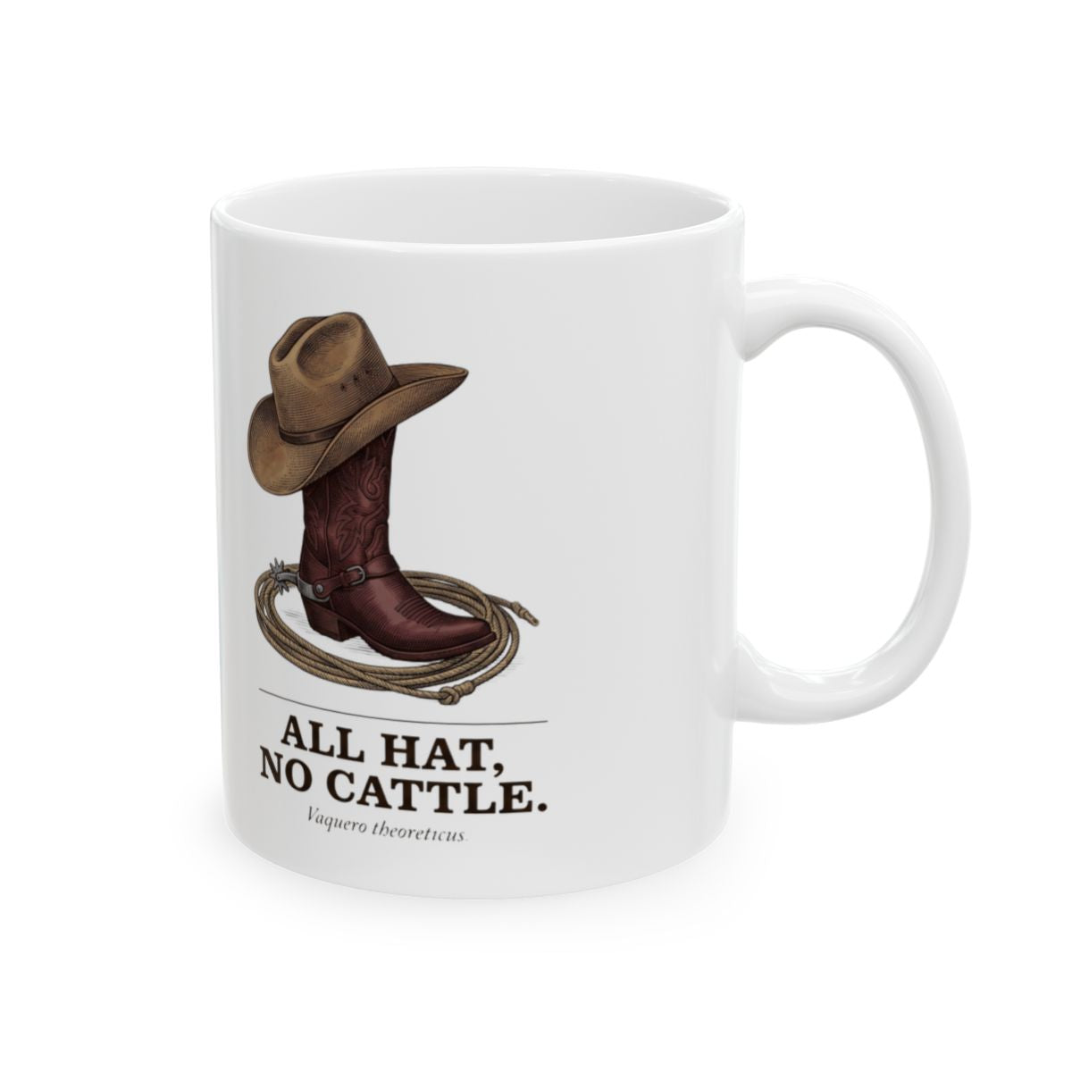 Western Coffee Mug — "All Hat, No Cattle" Vintage Engraved Boot & Hat Mug