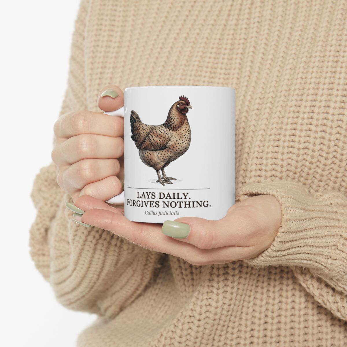 Chicken Coffee Mug — "Lays Daily. Forgives Nothing." Vintage Field Plate Hen Mug