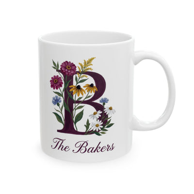 Personalized Monogram Mug — Wildflower Initial with Family Name