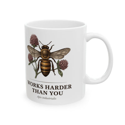 Bee Coffee Mug — "Works Harder Than You" Vintage Engraved Honeybee & Clover Mug
