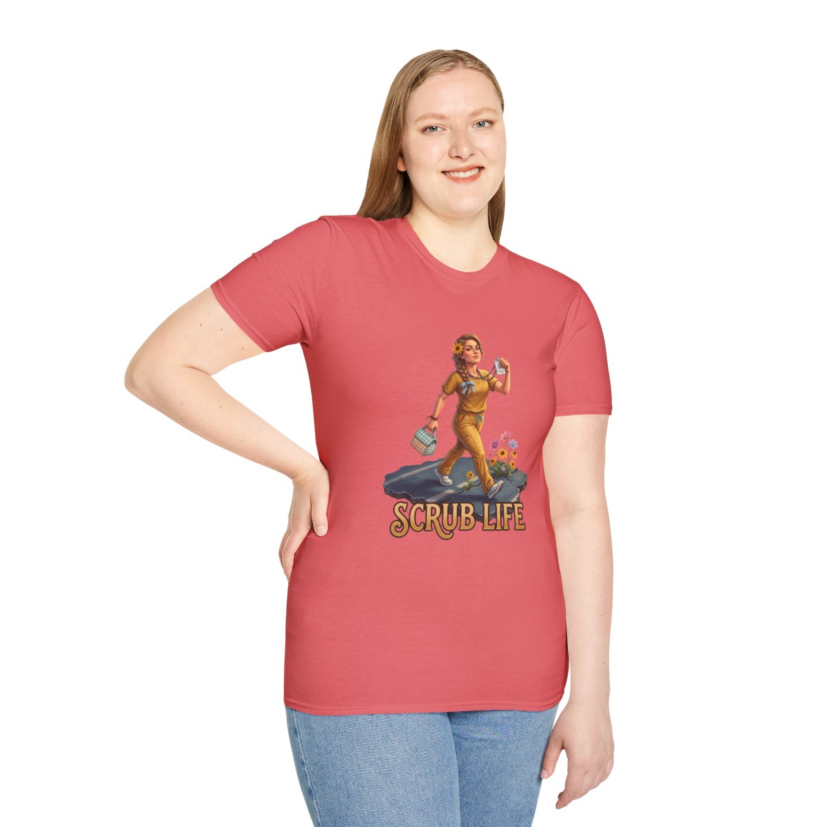 A woman with long blonde hair poses confidently, wearing a coral Nurse Shirt - Scrub Life tee and light blue jeans