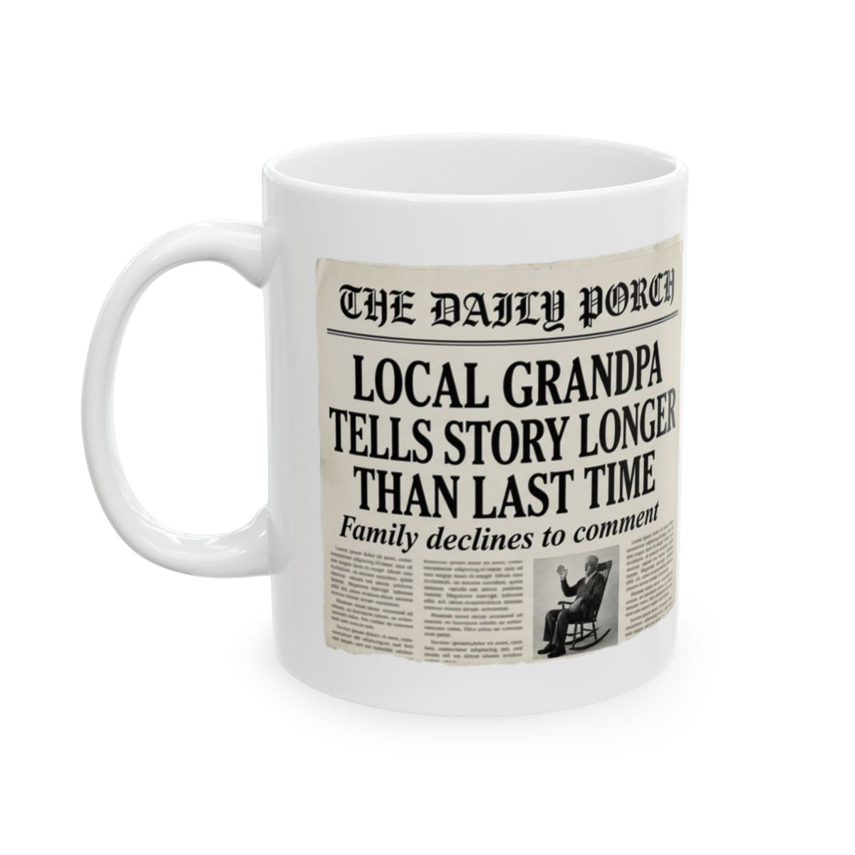 Grandpa Coffee Mug — "Local Grandpa Tells Story Longer Than Last Time" Newspaper Mug