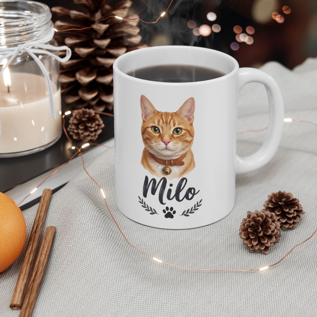 Personalized Cat Mug — Painted Portrait with Your Cat's Name, 16 Coats
