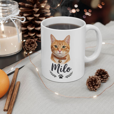 Personalized Cat Mug — Painted Portrait with Your Cat's Name, 16 Coats