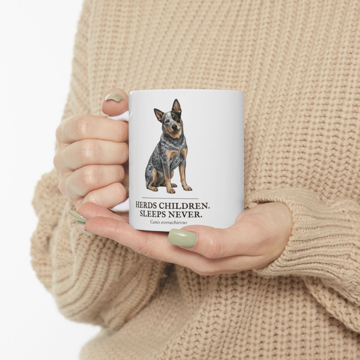 Dog Mom Mug — "Herds Children. Sleeps Never." Vintage Engraved Cattle Dog Mug