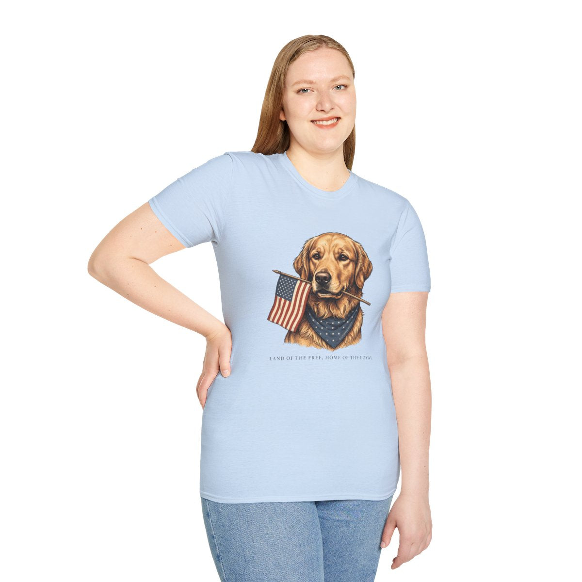 Patriotic Shirt for Women — Golden Retriever Flag Tee in Light Blue