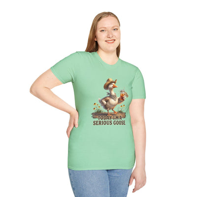 A woman with long blonde hair, smiling in a mint green Sweet Tea Shirt - Today I'm a Serious Goose tee, hand on hip