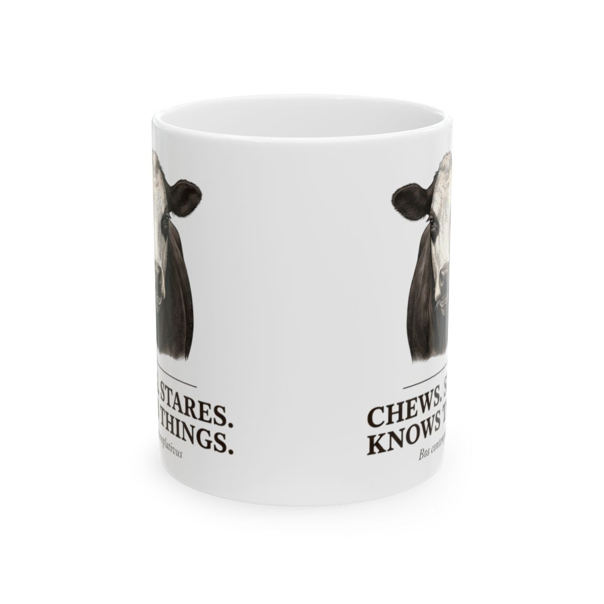 Cow Coffee Mug — "Chews. Stares. Knows Things." Vintage Engraved Black Baldy Mug