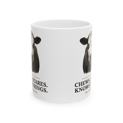 Cow Coffee Mug — "Chews. Stares. Knows Things." Vintage Engraved Black Baldy Mug