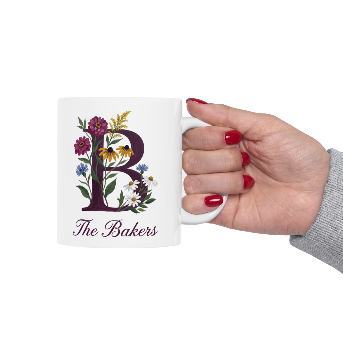 Personalized Monogram Mug — Wildflower Initial with Family Name