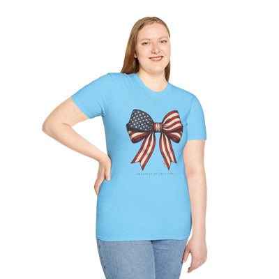 4th of July Shirt — American Flag Bow Tee for Women in Sky