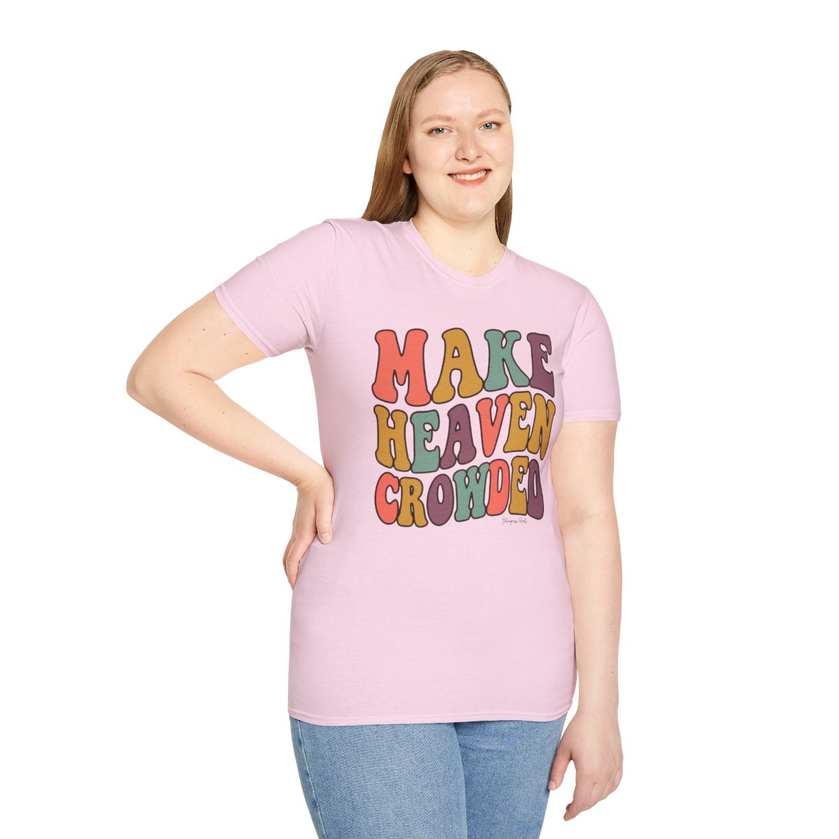 Make Heaven Crowded Shirt — Retro Groovy Christian Tee in Light Pink