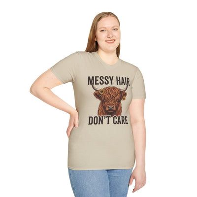 Highland Cow Shirt — "Messy Hair Don't Care" Graphic Tee in Sand