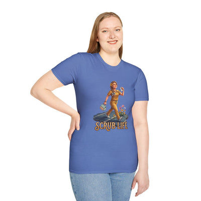 A woman stands smiling, modeling the blue Nurse Shirt - Scrub Life with the "Scrub Life" design