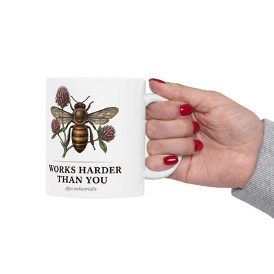 Bee Coffee Mug — "Works Harder Than You" Vintage Engraved Honeybee & Clover Mug
