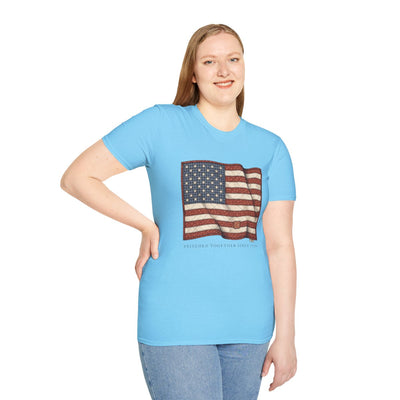 American Flag Shirt for Women — Quilted Heirloom Flag Tee in Sky