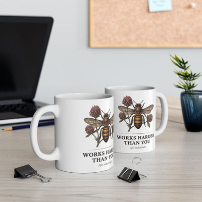 Bee Coffee Mug — "Works Harder Than You" Vintage Engraved Honeybee & Clover Mug