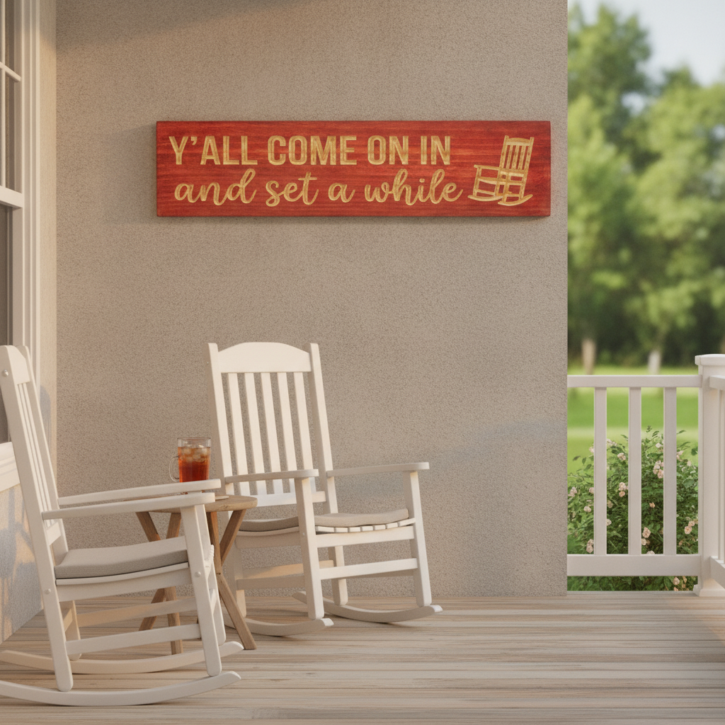 Wood Porch Sign — Y'all Come On In And Set A While — styled in room — Bluegrass Gifts