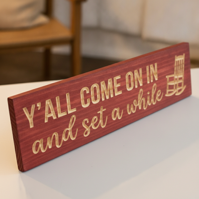 Wood Porch Sign — Y'all Come On In And Set A While — carved wood sign — Bluegrass Gifts