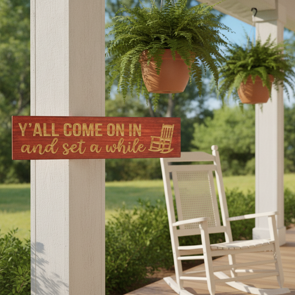 Wood Porch Sign — Y'all Come On In And Set A While — styled in room — Bluegrass Gifts