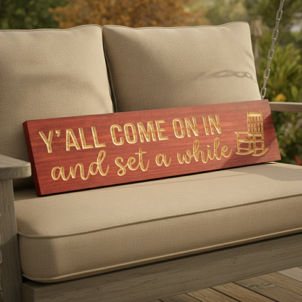 Wood Porch Sign — Y'all Come On In And Set A While — styled in room — Bluegrass Gifts