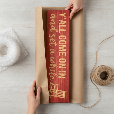 Wood Porch Sign — Y'all Come On In And Set A While — gift-ready packaging — Bluegrass Gifts