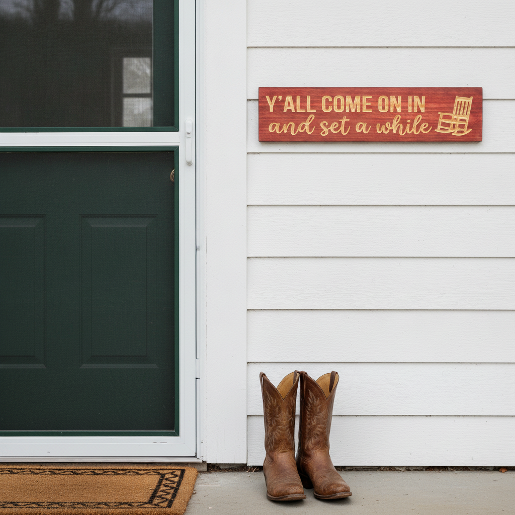 Wood Porch Sign — Y'all Come On In And Set A While — styled on wall — Bluegrass Gifts