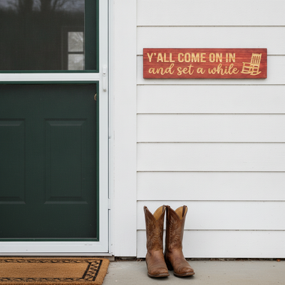 Wood Porch Sign — Y'all Come On In And Set A While — styled on wall — Bluegrass Gifts