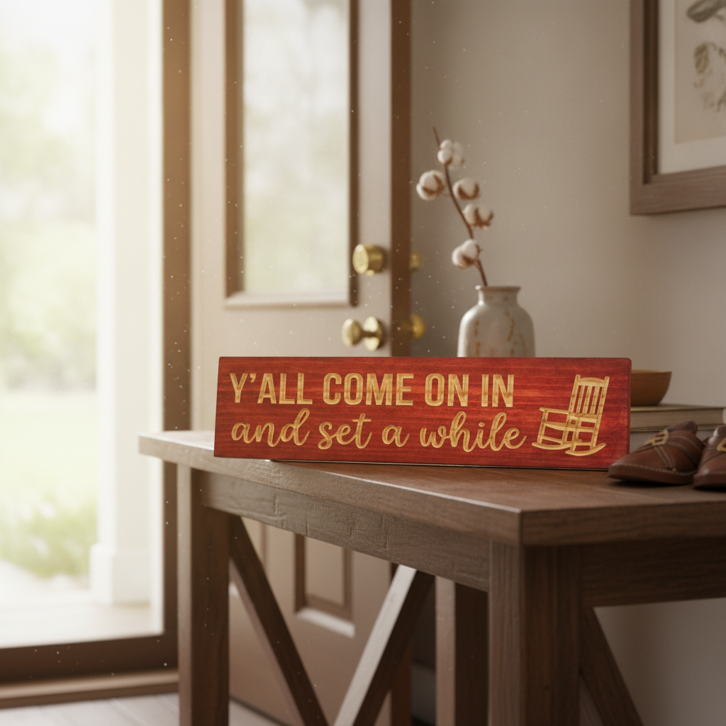 Wood Porch Sign — Y'all Come On In And Set A While — product details — Bluegrass Gifts