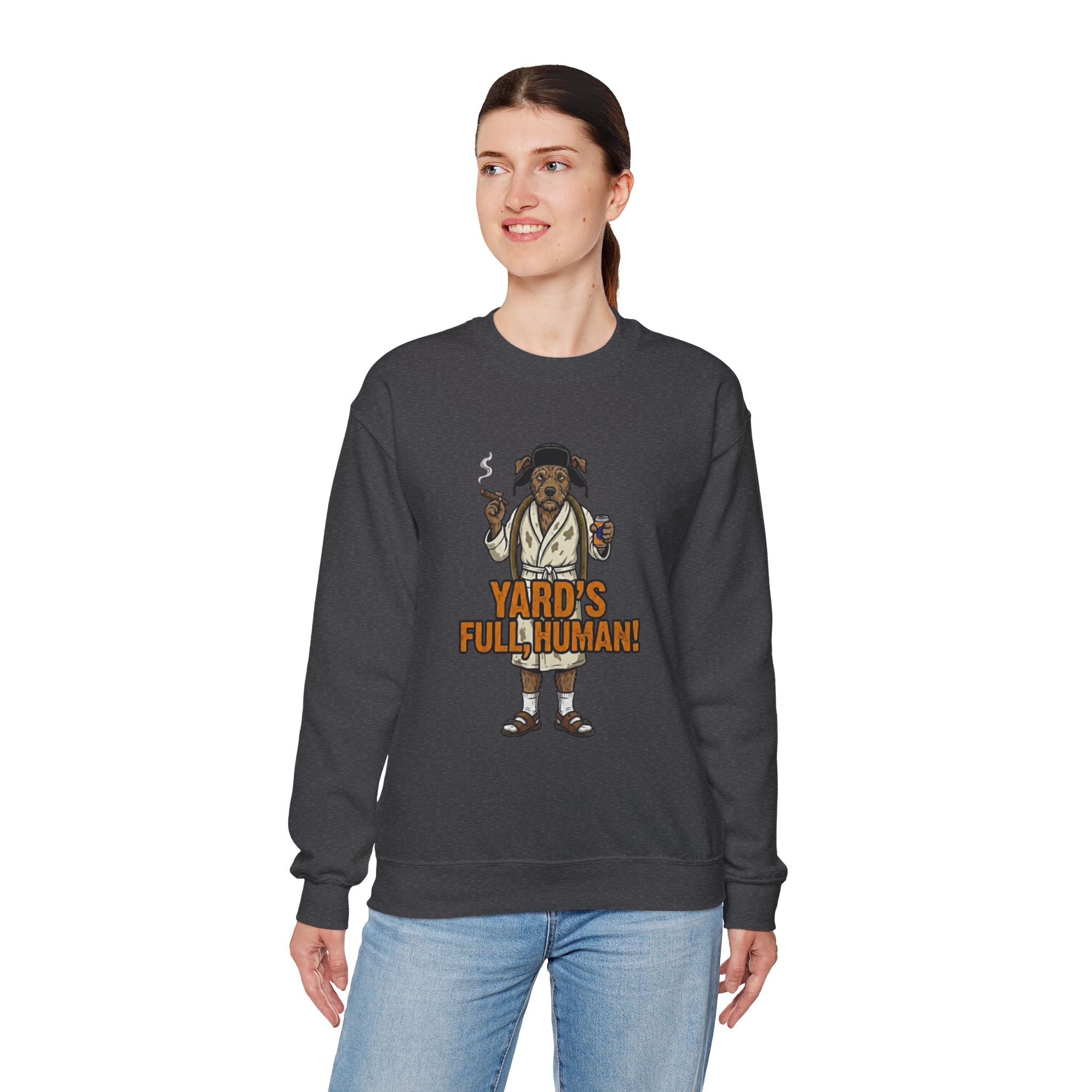 Yards Full, Human: The Dog Owner Holiday Crewneck Graphic Tee - crewneck sweatshirt additional angle by Bluegrass Gifts