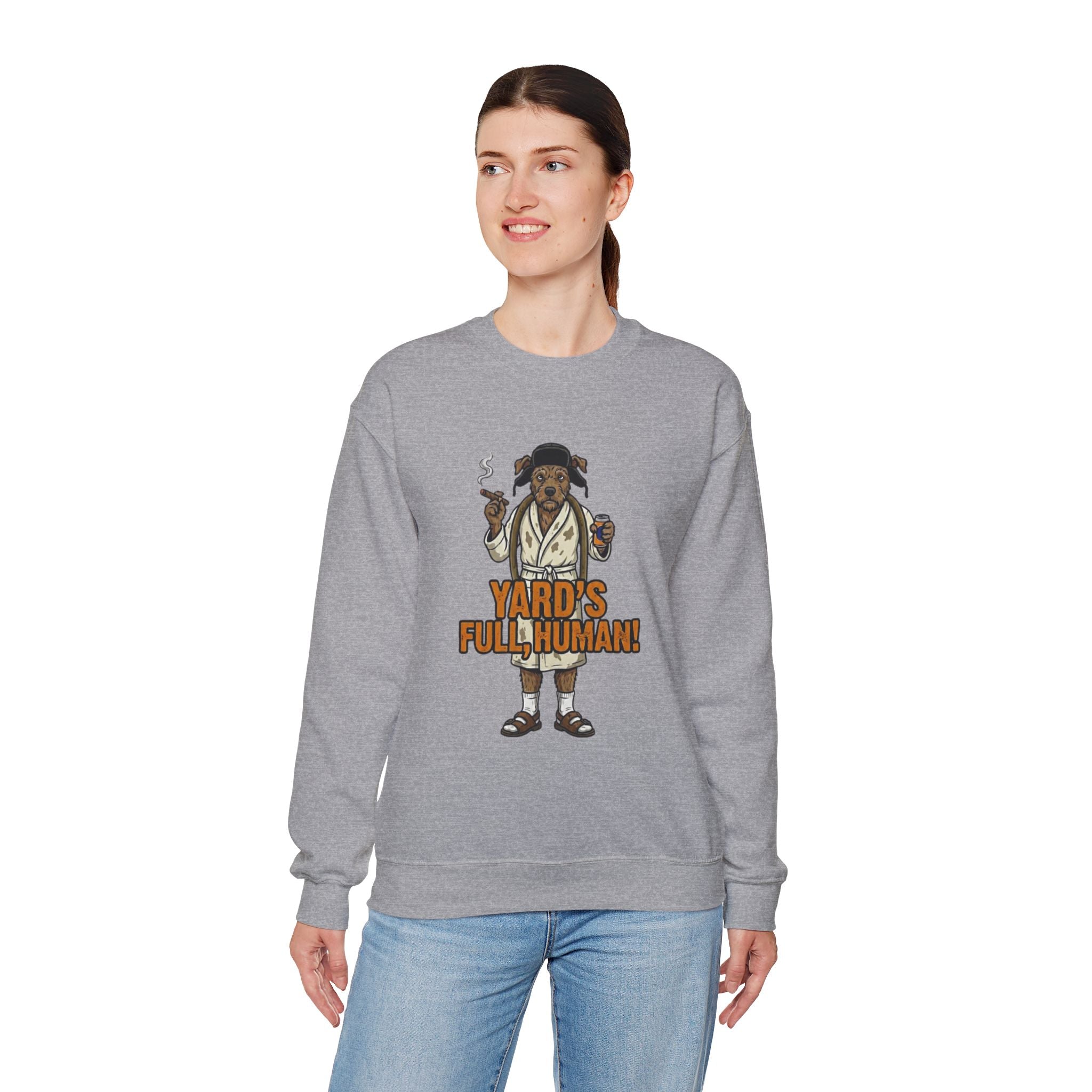 Yards Full, Human: The Dog Owner Holiday Crewneck Graphic Tee - heavyweight fleece fabric weight detail by Bluegrass Gifts
