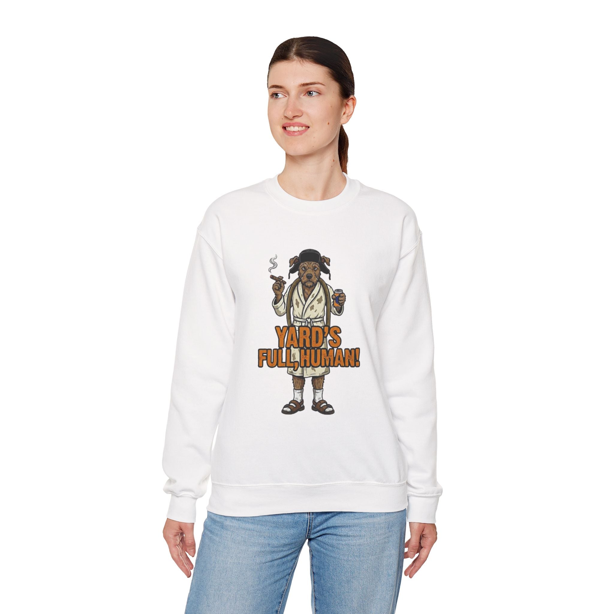 Yards Full, Human: The Dog Owner Holiday Crewneck Graphic Tee - crewneck sweatshirt folded stack colors by Bluegrass Gifts