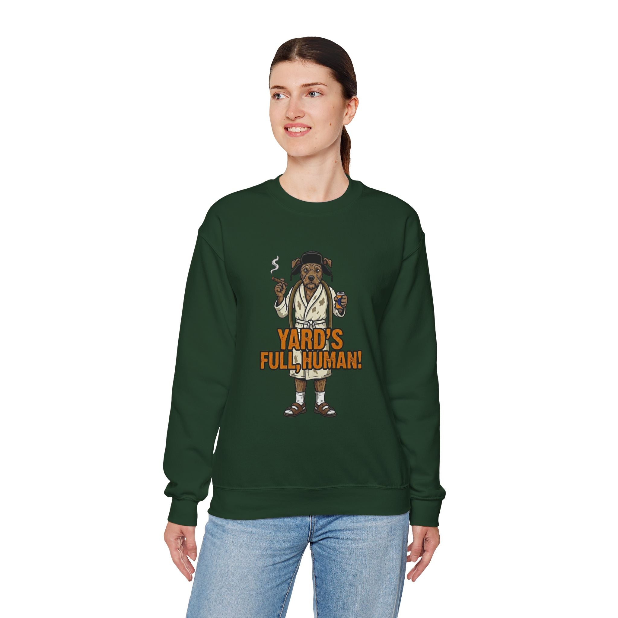 Yards Full, Human: The Dog Owner Holiday Crewneck Graphic Tee - crewneck sweatshirt product mockup by Bluegrass Gifts