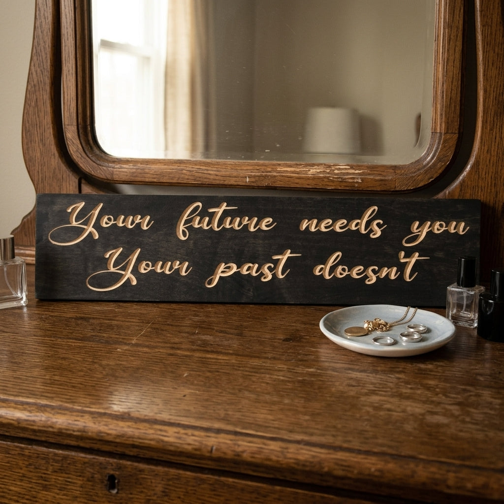 A dark You Got This Sign rests on a wooden dresser with jewelry and a perfume bottle, reflected in a mirror from Bluegrass Gifts