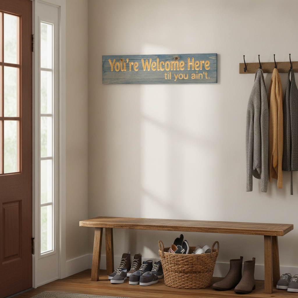 Funny Entryway Sign — You're Welcome Here Til You Ain't — styled in room — Bluegrass Gifts