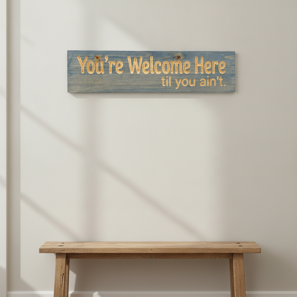 Funny Entryway Sign — You're Welcome Here Til You Ain't — styled on wall — Bluegrass Gifts