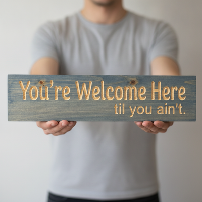 Funny Entryway Sign — You're Welcome Here Til You Ain't — shown to scale, held — Bluegrass Gifts