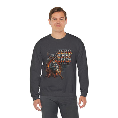 Zero Bucks Given: The Too Chill to Care Hunting Crewneck Graphic Te - crewneck sweatshirt additional angle by Bluegrass Gifts