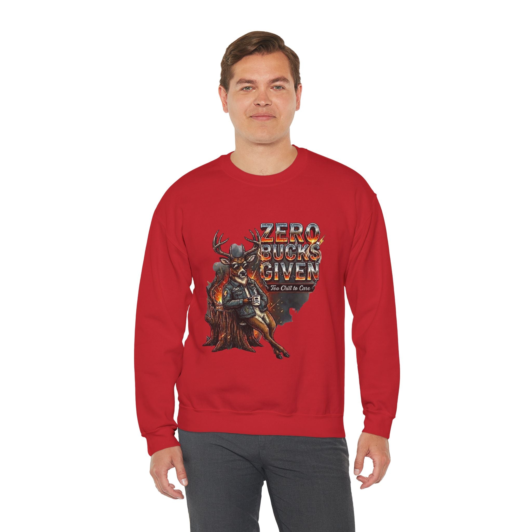 Zero Bucks Given: The Too Chill to Care Hunting Crewneck Graphic Tee - crewneck sweatshirt showcase by Bluegrass Gifts