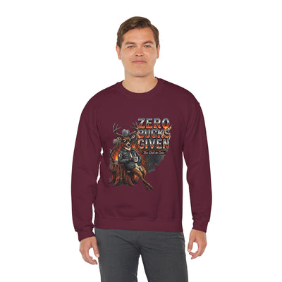 Zero Bucks Given: The Too Chill to Care Hunting Crewneck Graphic - heavyweight fleece fabric weight detail by Bluegrass Gifts