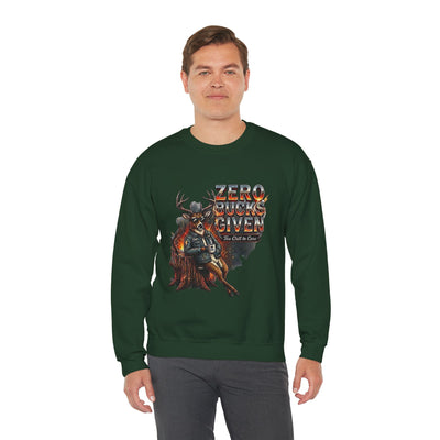 Zero Bucks Given: The Too Chill to Care Hunting Crewneck Graphic Tee - crewneck sweatshirt product mockup by Bluegrass Gifts